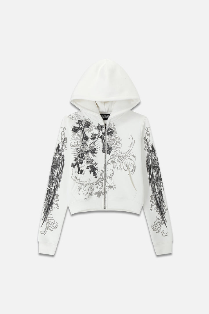 Women's white cropped hoodie with hood, front zipper and black gray graphic print