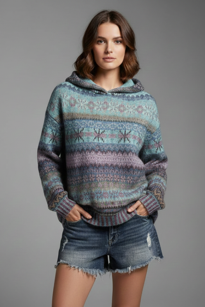 Women's striped hooded sweater with long sleeves and ribbed trims