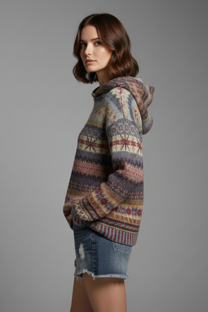 Women's striped hooded sweater with long sleeves and ribbed trims
