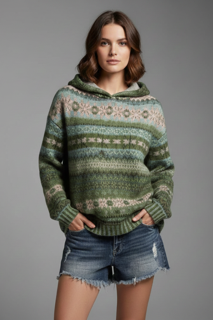 Women's striped hooded sweater with long sleeves and ribbed trims