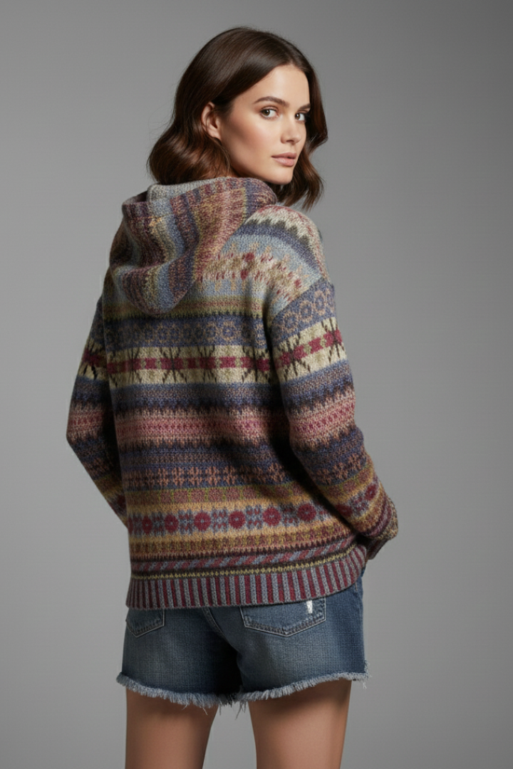 Women's striped hooded sweater with long sleeves and ribbed trims