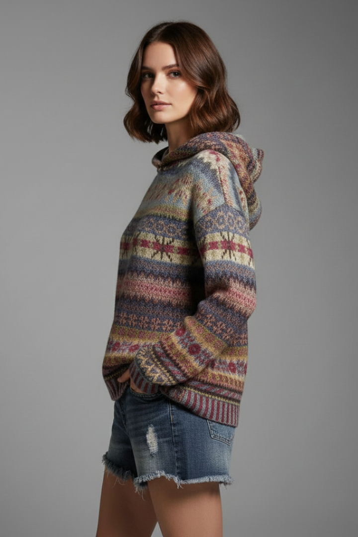 Women's striped hooded sweater with long sleeves and ribbed trims