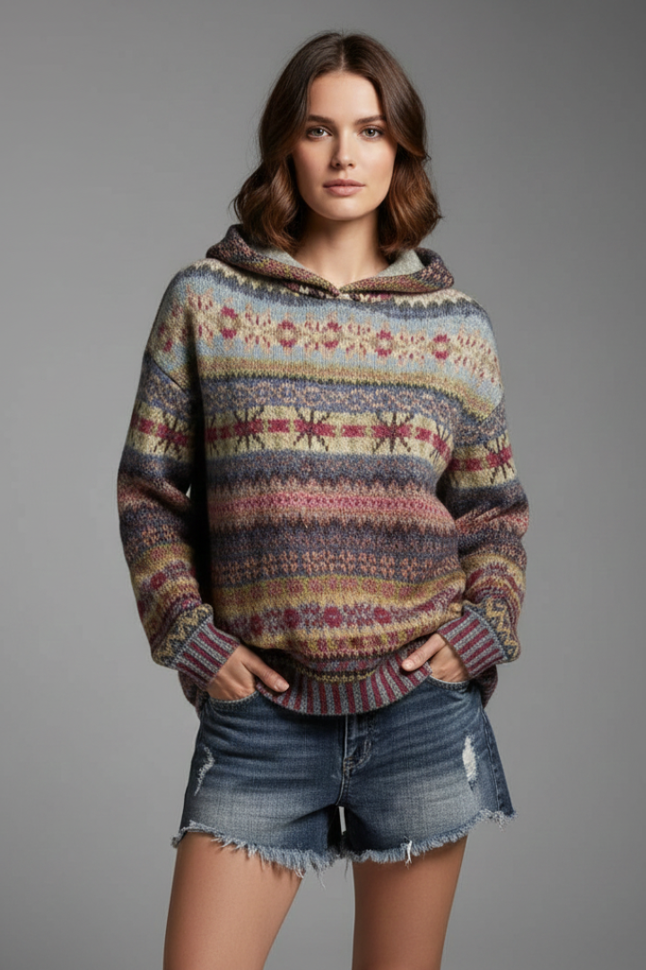 Women's striped hooded sweater with long sleeves and ribbed trims