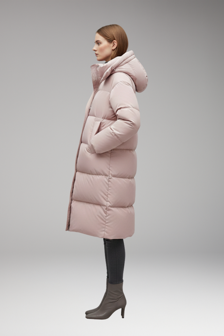 Women's long quilted hooded jacket with zip front and hand pockets