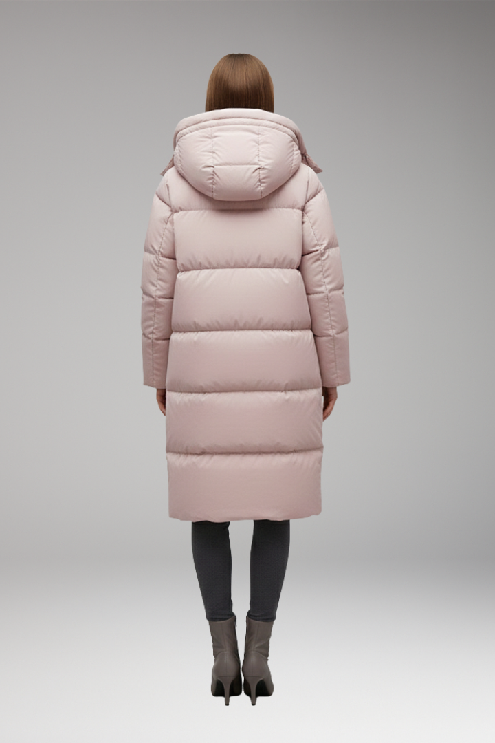 Women's long quilted hooded jacket with zip front and hand pockets