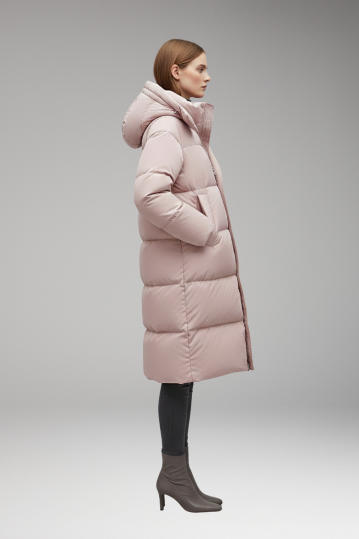 Women's long quilted hooded jacket with zip front and hand pockets