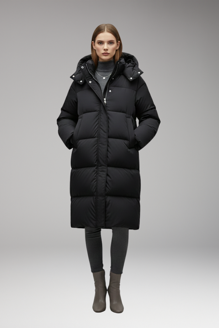 Women's long quilted hooded jacket with zip front and hand pockets