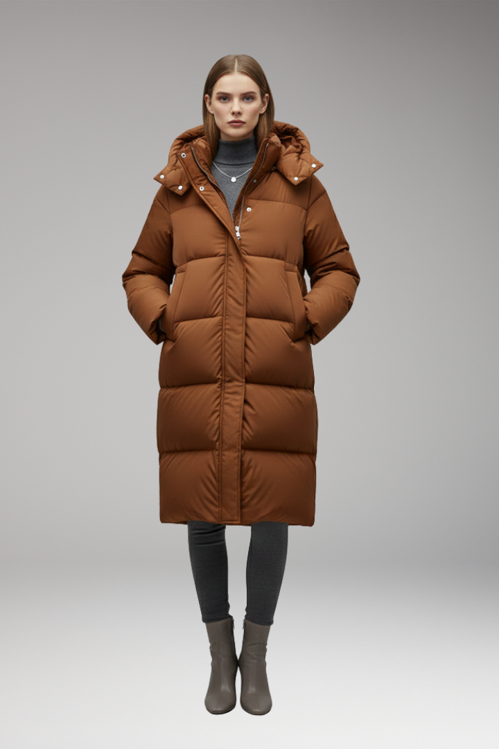 Women's long quilted hooded jacket with zip front and hand pockets