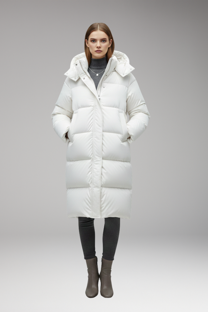 Women's long quilted hooded jacket with zip front and hand pockets
