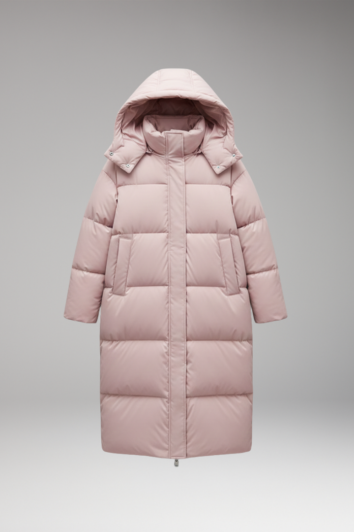 Women's long quilted hooded jacket with zip front and hand pockets