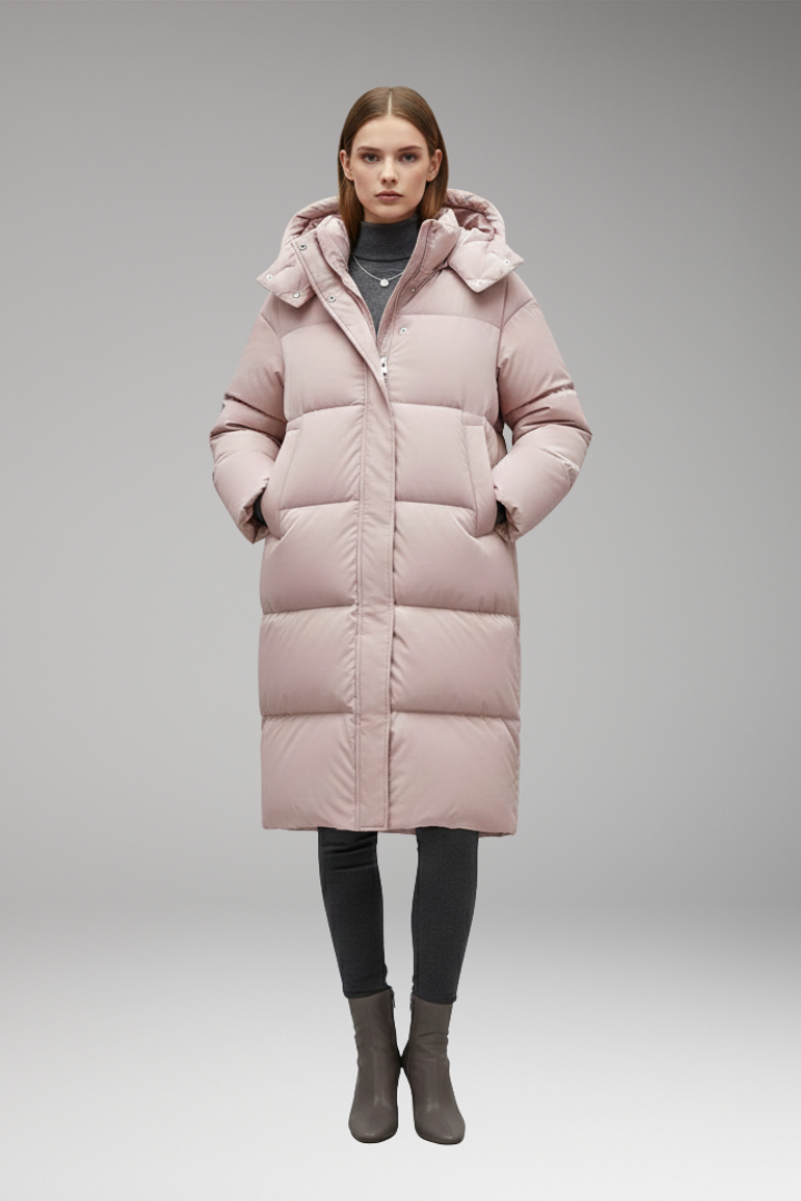 Women's long quilted hooded jacket with zip front and hand pockets