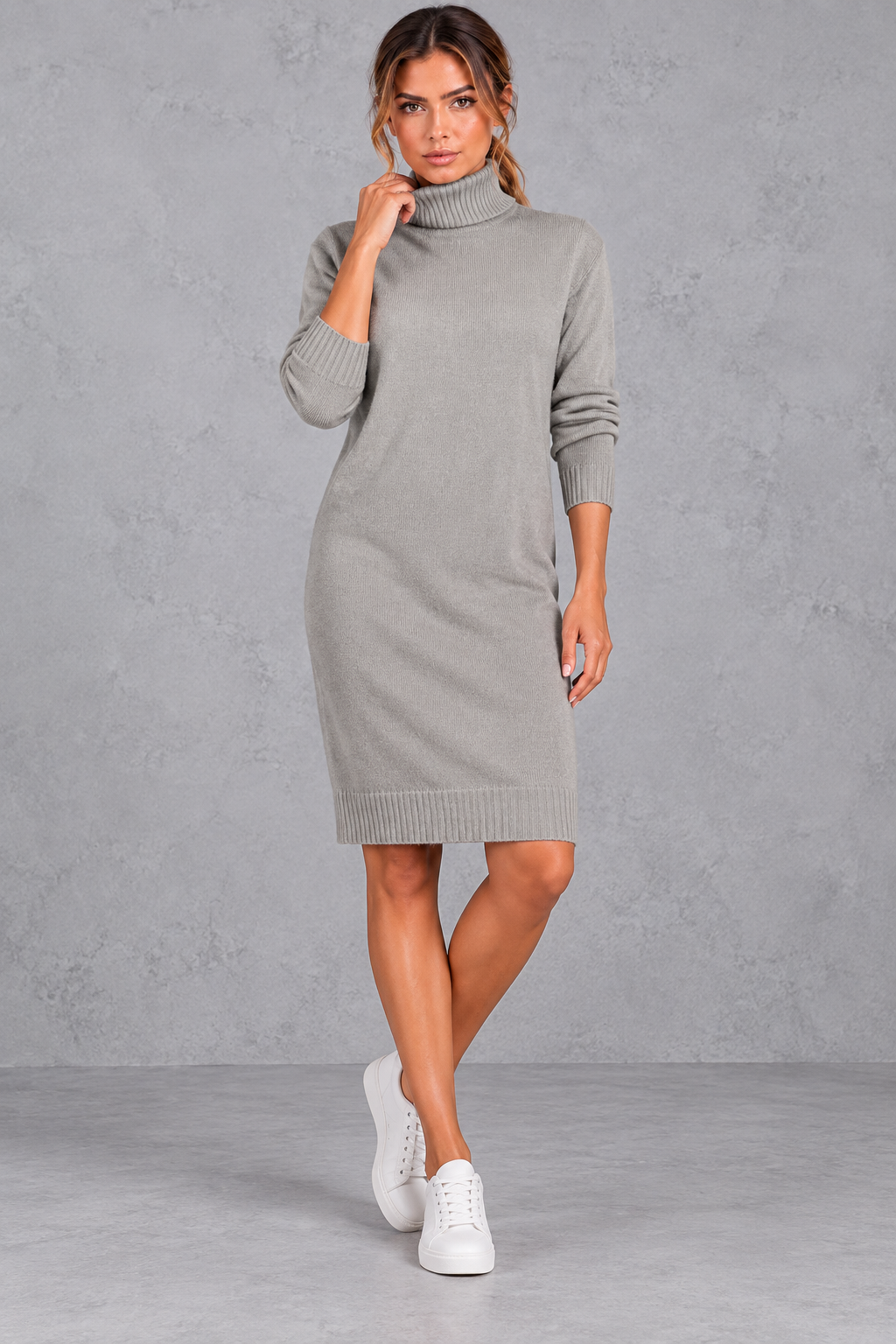 Women's long-sleeve roll neck jumper dress with knee-length hem and ribbed trims