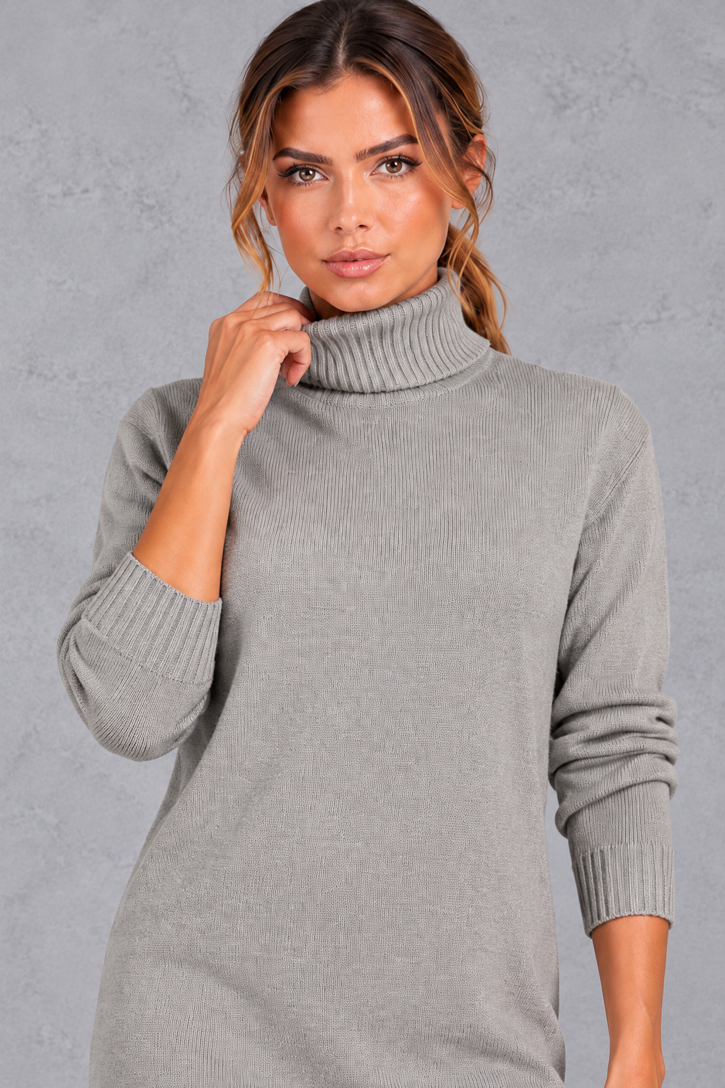 Women's long-sleeve roll neck jumper dress with knee-length hem and ribbed trims