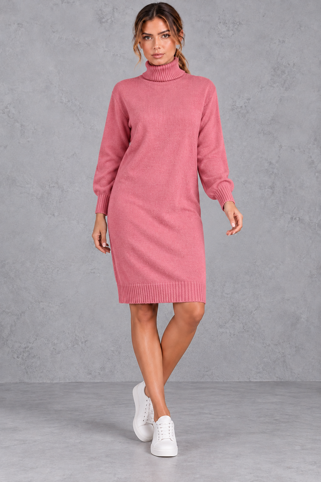 Women's long-sleeve roll neck jumper dress with knee-length hem and ribbed trims