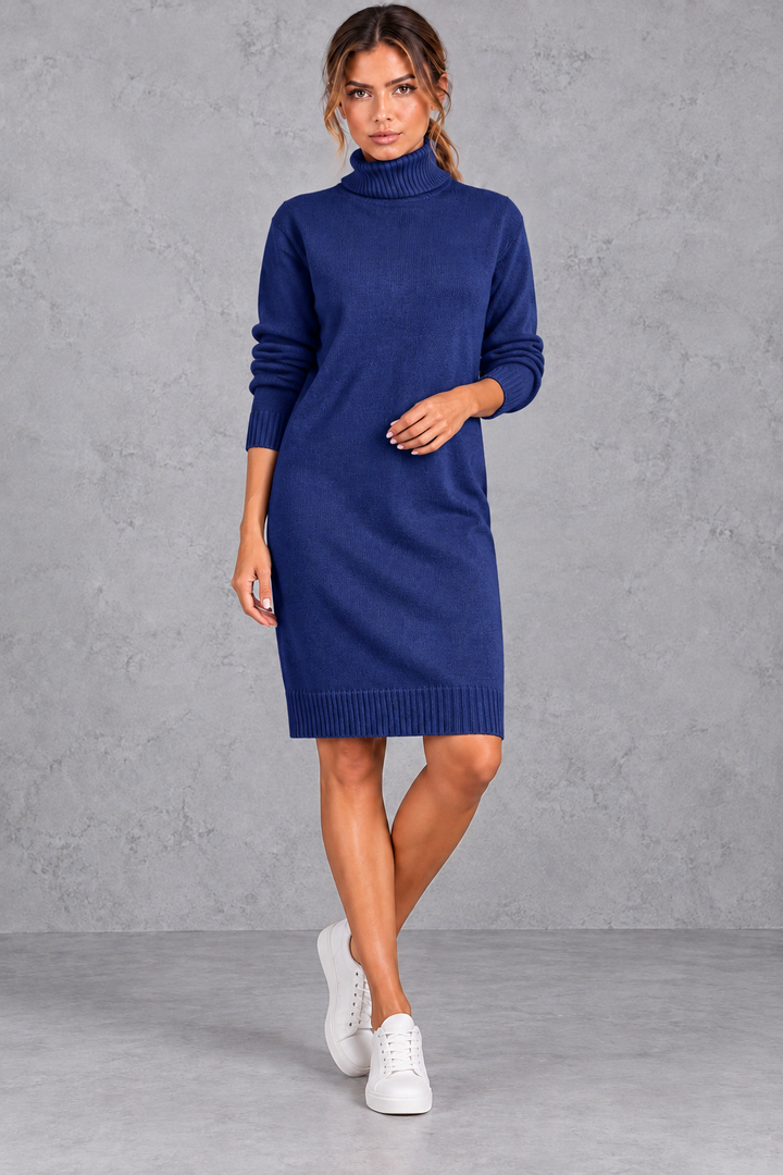 Women's long-sleeve roll neck jumper dress with knee-length hem and ribbed trims