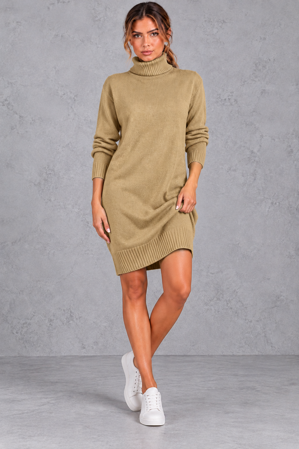 Women's long-sleeve roll neck jumper dress with knee-length hem and ribbed trims