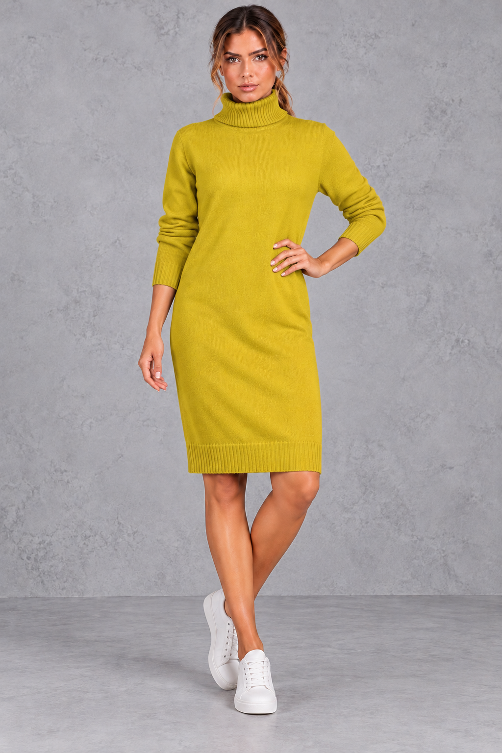 Women's long-sleeve roll neck jumper dress with knee-length hem and ribbed trims
