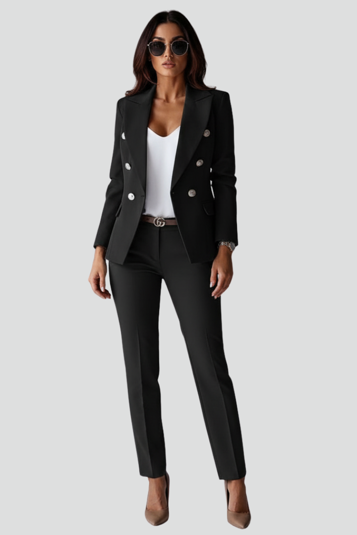 Women's tailored blazer and straight-leg trouser set with notched lapels and button detailing