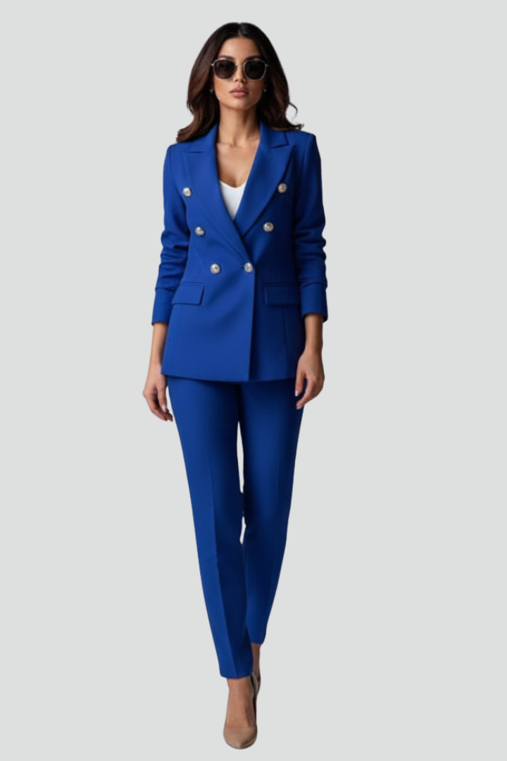 Women's tailored blazer and straight-leg trouser set with notched lapels and button detailing