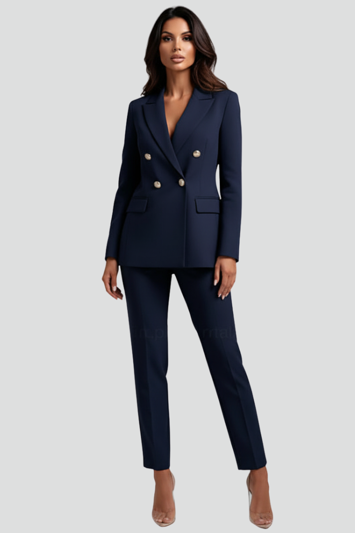 Women's tailored blazer and straight-leg trouser set with notched lapels and button detailing