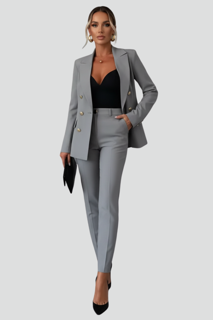 Women's tailored blazer and straight-leg trouser set with notched lapels and button detailing