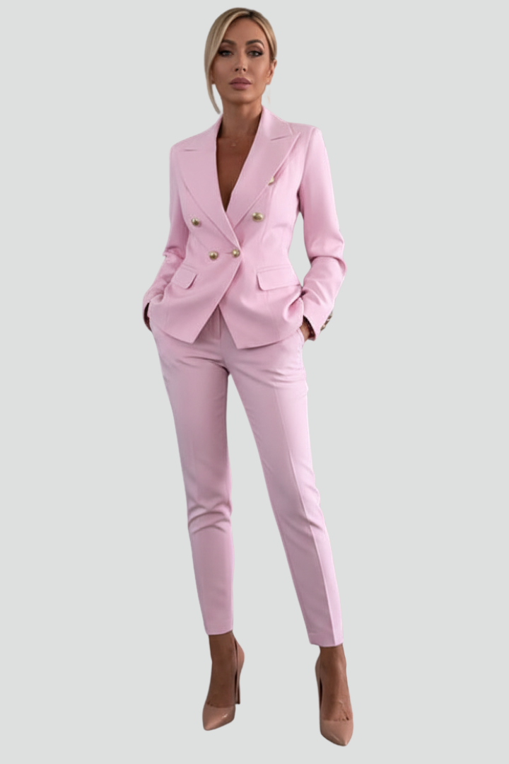 Women's tailored blazer and straight-leg trouser set with notched lapels and button detailing