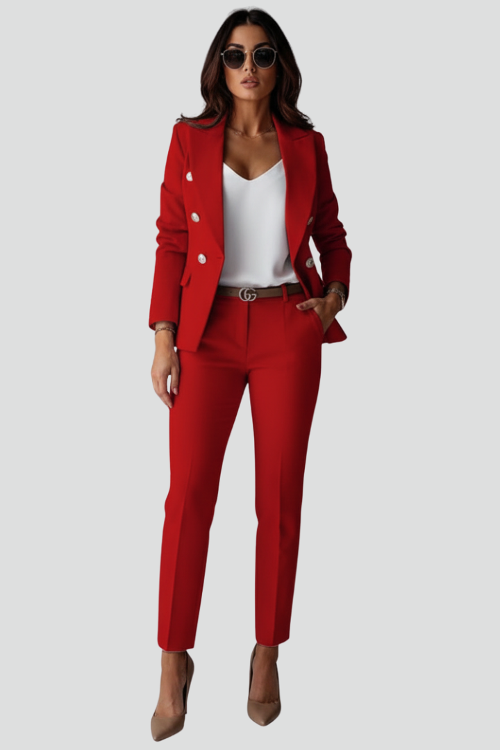 Women's tailored blazer and straight-leg trouser set with notched lapels and button detailing
