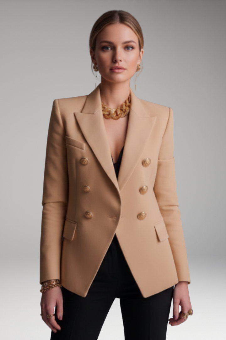 Women's structured double-breasted blazer with notched lapels and long sleeves