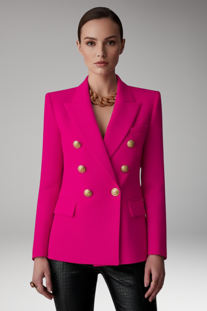 Women's structured double-breasted blazer with notched lapels and long sleeves