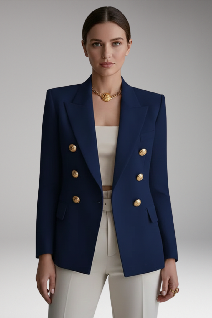 Women's structured double-breasted blazer with notched lapels and long sleeves
