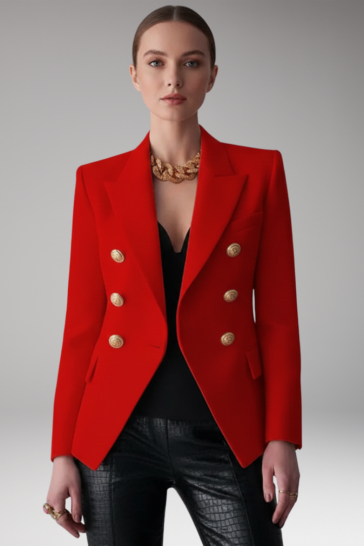 Women's structured double-breasted blazer with notched lapels and long sleeves