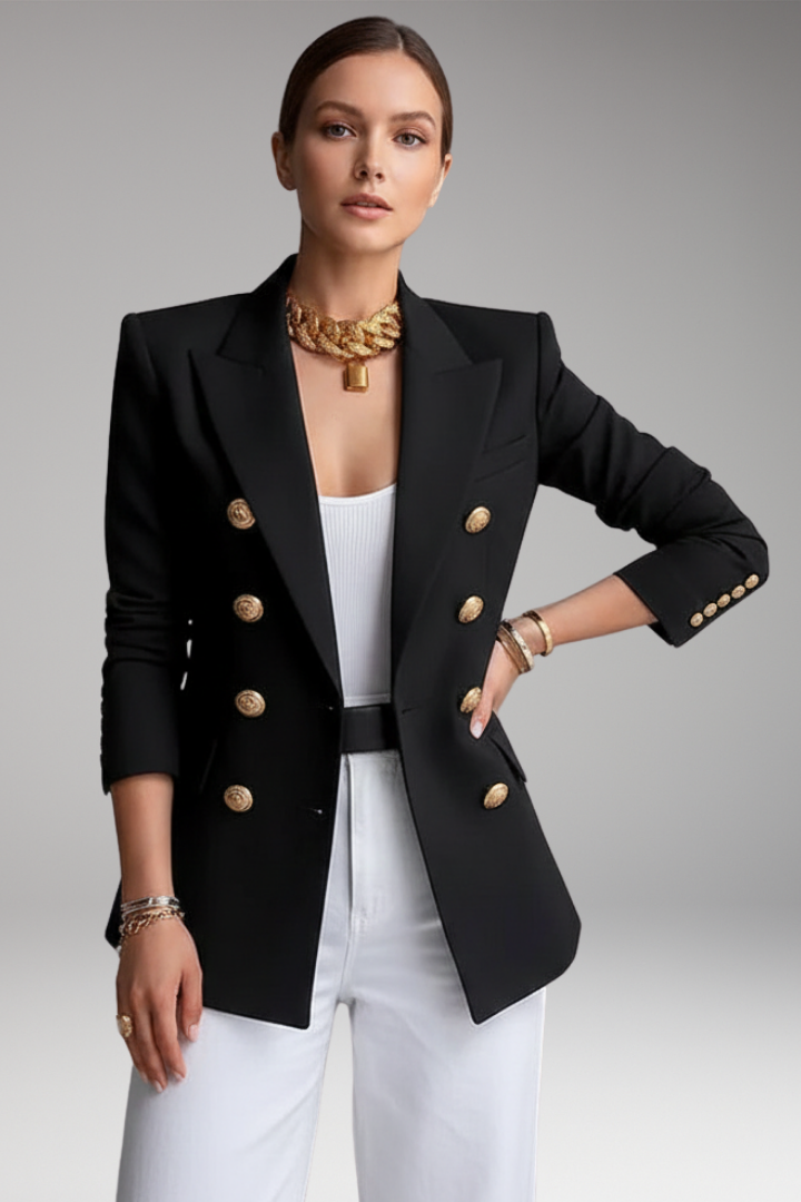 Women's structured double-breasted blazer with notched lapels and long sleeves