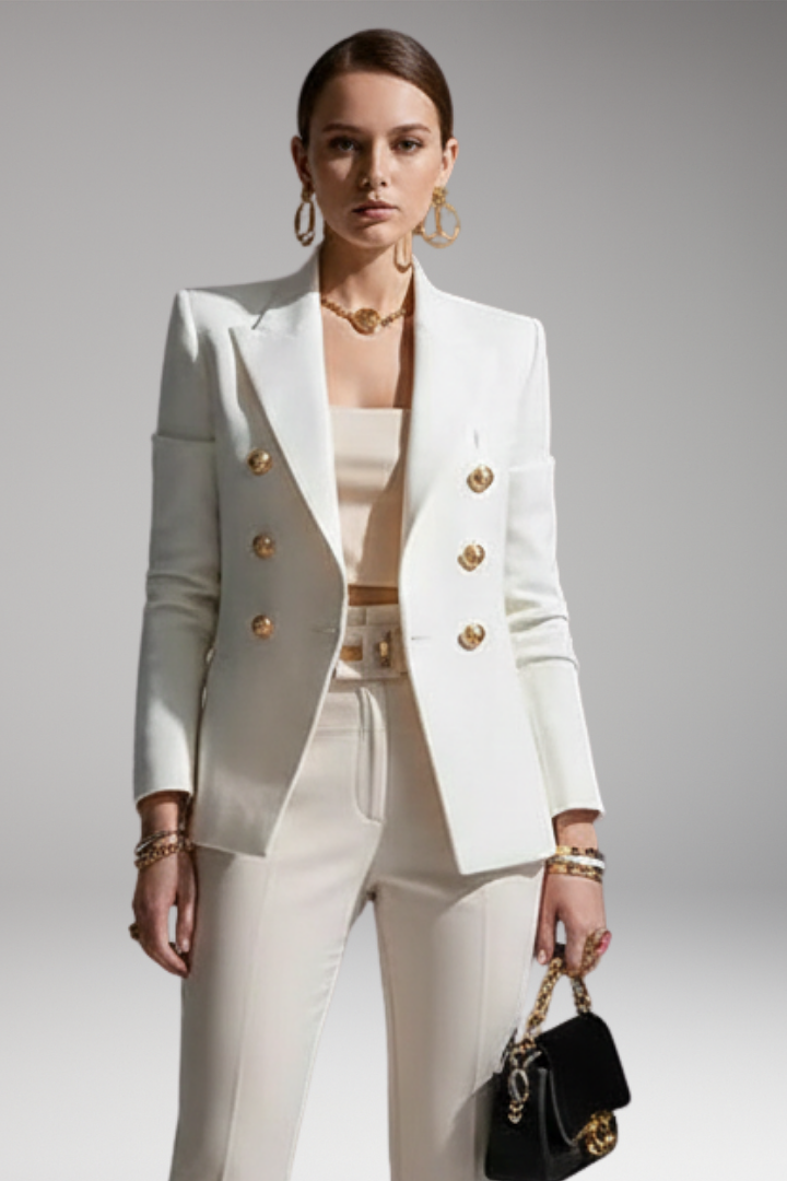 Women's structured double-breasted blazer with notched lapels and long sleeves
