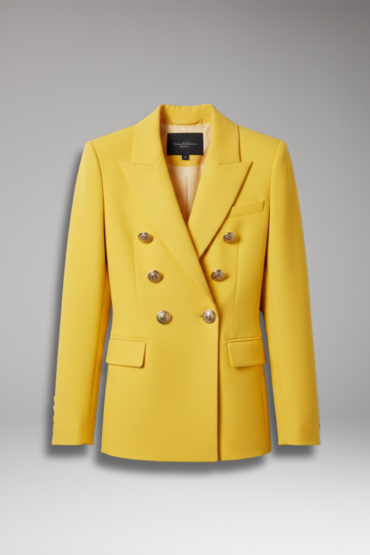 Women's structured double-breasted blazer with notched lapels and long sleeves