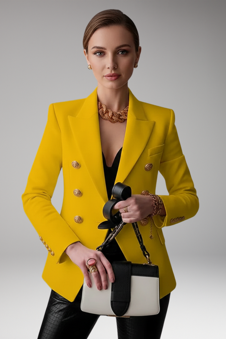 Women's structured double-breasted blazer with notched lapels and long sleeves