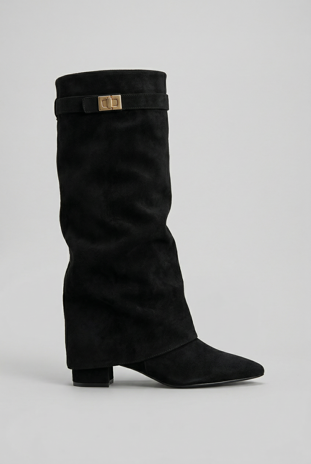 Women's knee-high boots with ruched shafts, pointed toes, buckle straps and low block heels