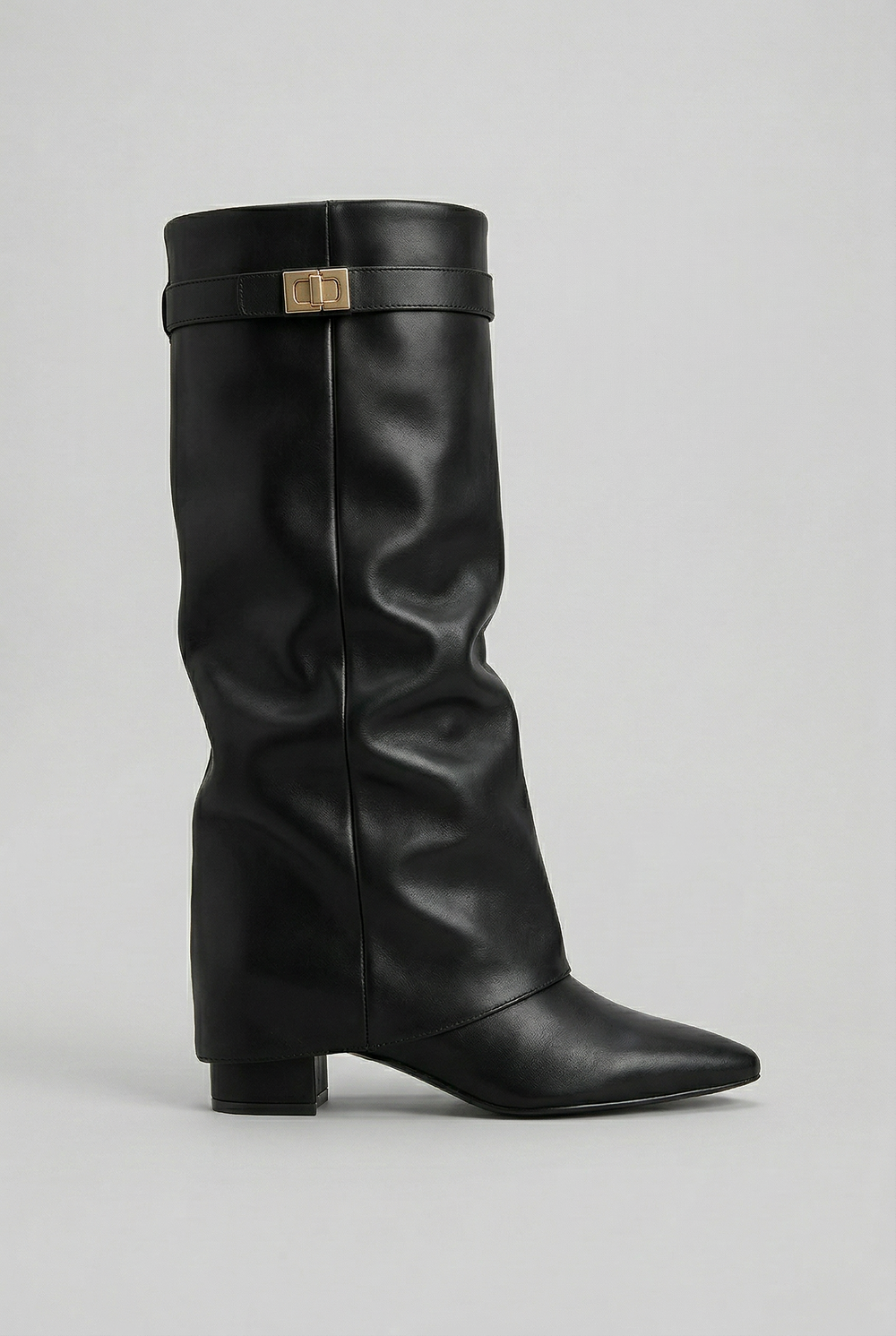 Women's knee-high boots with ruched shafts, pointed toes, buckle straps and low block heels