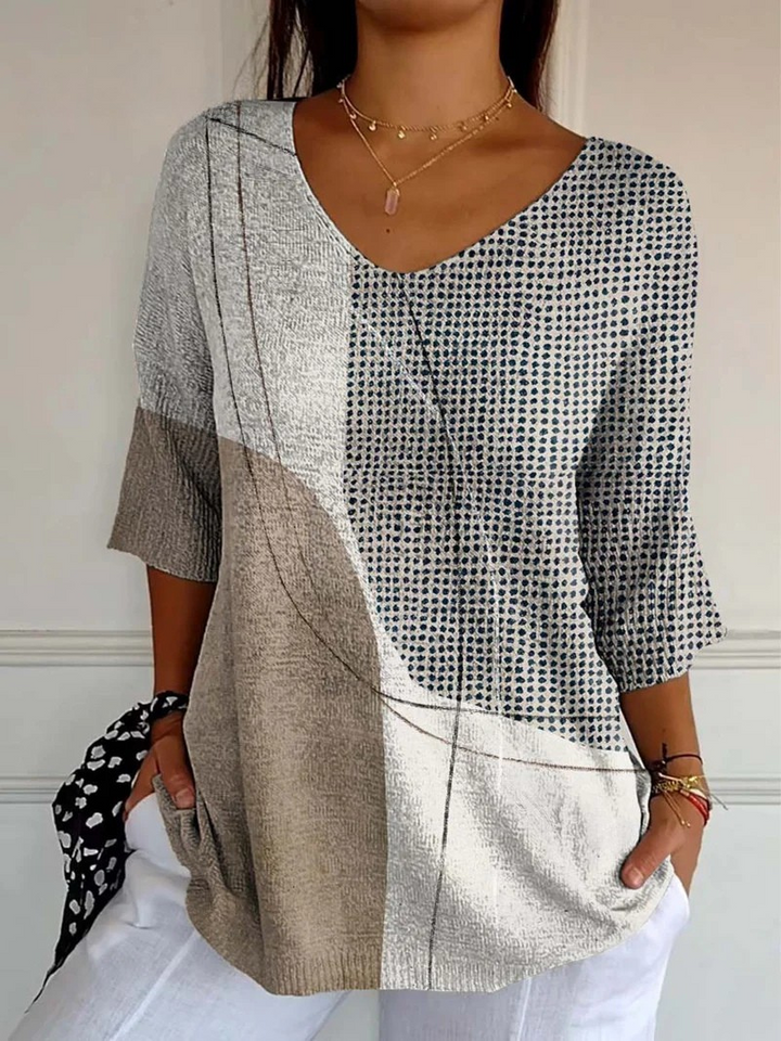 Women's multicolor geometric knit sweater with V-neck and 3/4 sleeves