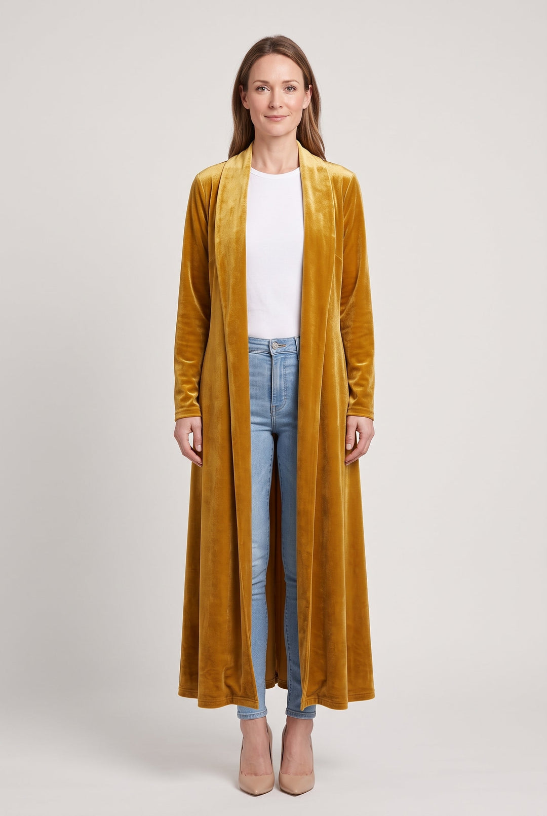 Women's long open-front velvet kimono with shawl collar and long sleeves