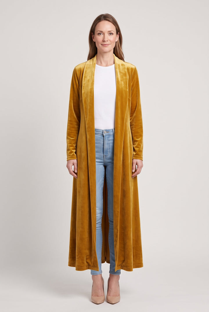 Women's long open-front velvet kimono with shawl collar and long sleeves