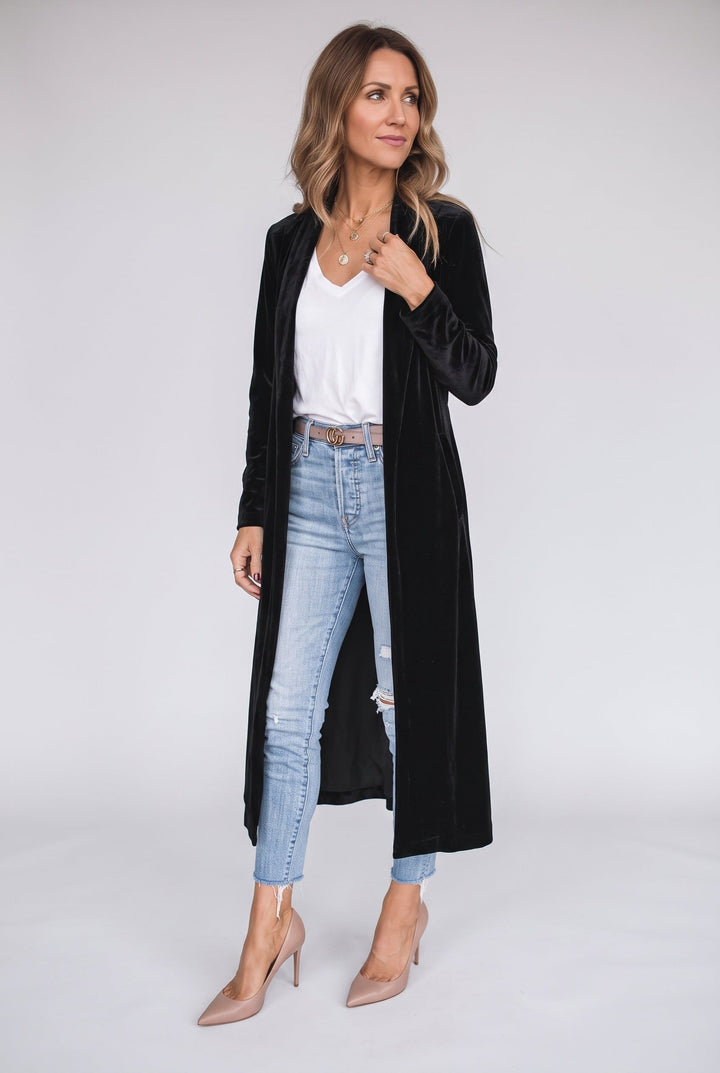 Women's long open-front velvet kimono with shawl collar and long sleeves