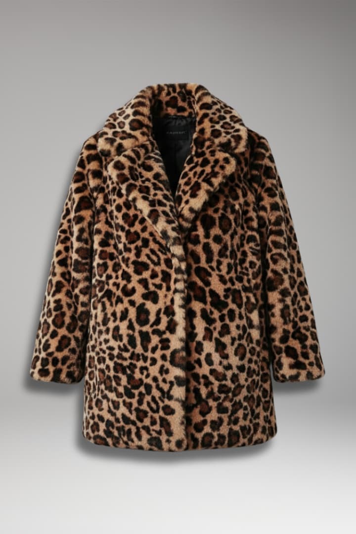 Women's brown leopard print faux fur coat with wide collar and long sleeves