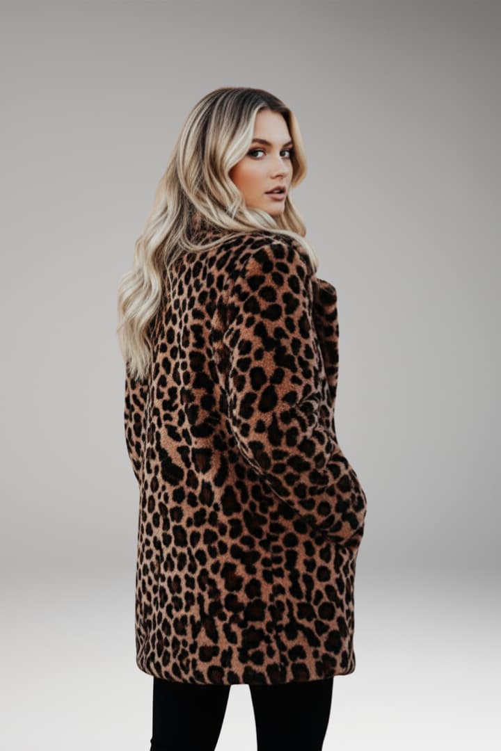 Women's brown leopard print faux fur coat with wide collar and long sleeves
