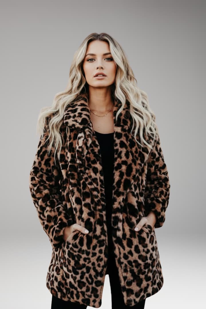 Women's brown leopard print faux fur coat with wide collar and long sleeves