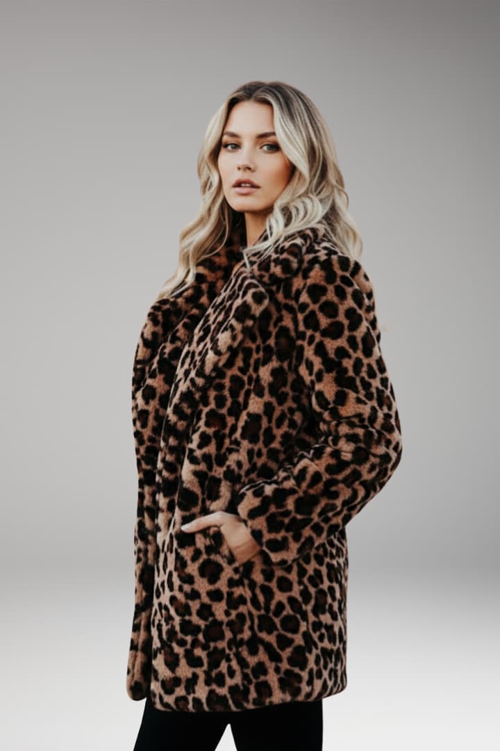 Women's brown leopard print faux fur coat with wide collar and long sleeves