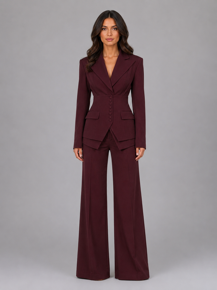 Women's tailored two-piece suit with cinched blazer waist and wide-leg trousers