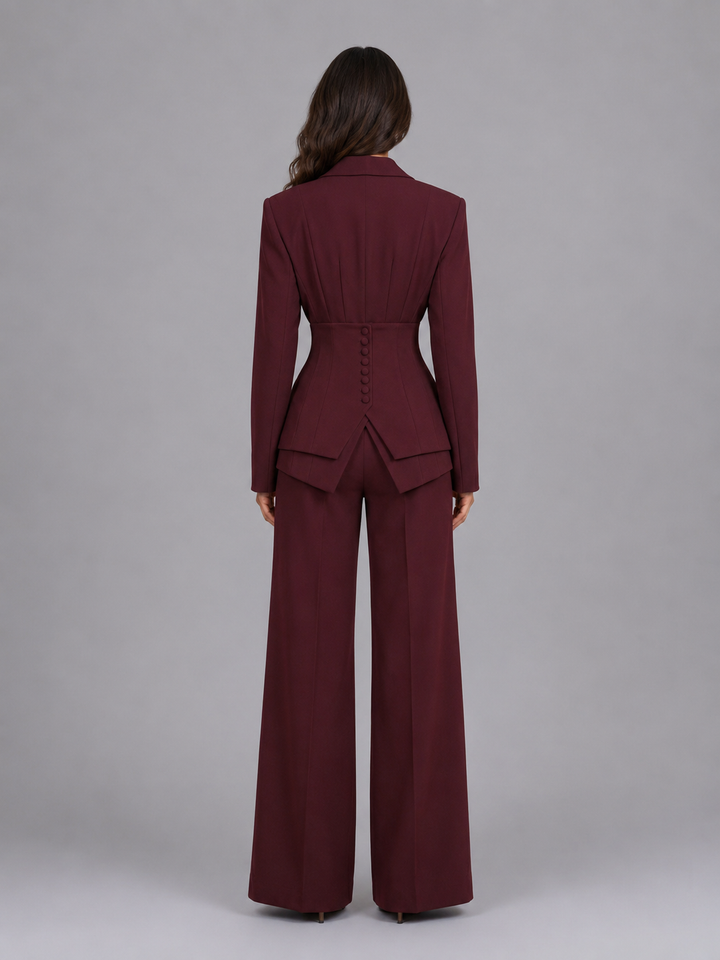 Women's tailored two-piece suit with cinched blazer waist and wide-leg trousers