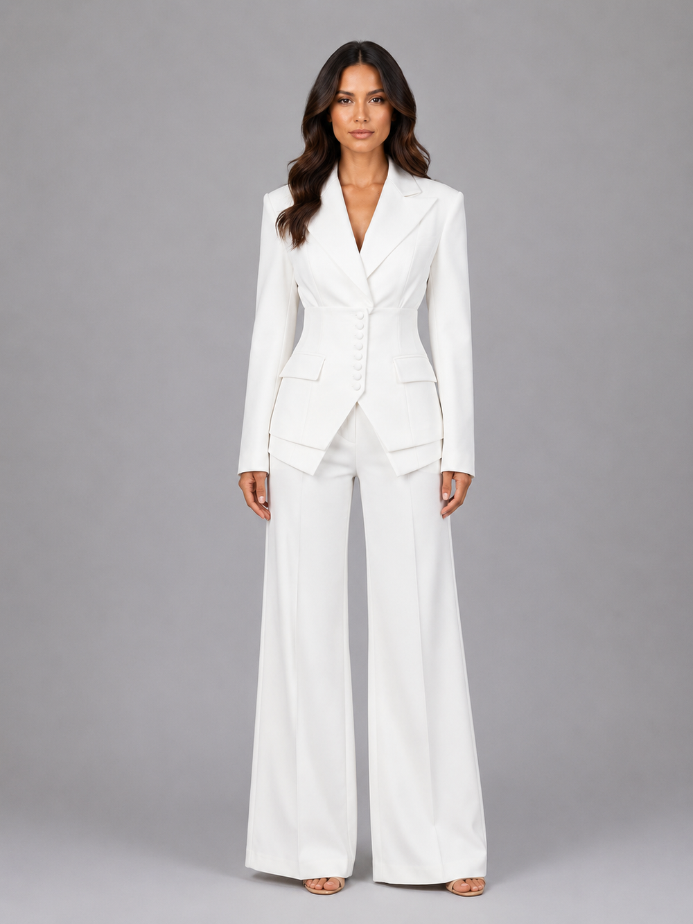 Women's tailored two-piece suit with cinched blazer waist and wide-leg trousers