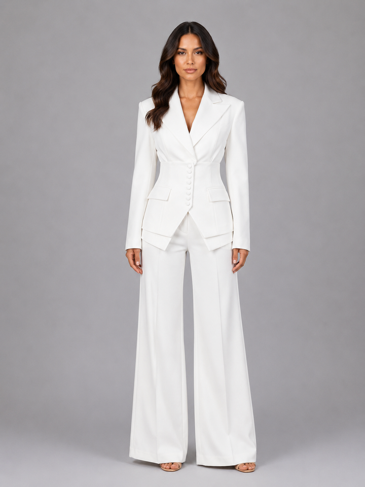 Women's tailored two-piece suit with cinched blazer waist and wide-leg trousers