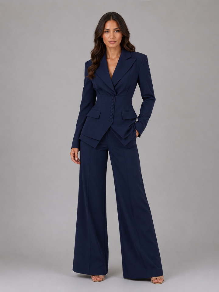 Women's tailored two-piece suit with cinched blazer waist and wide-leg trousers